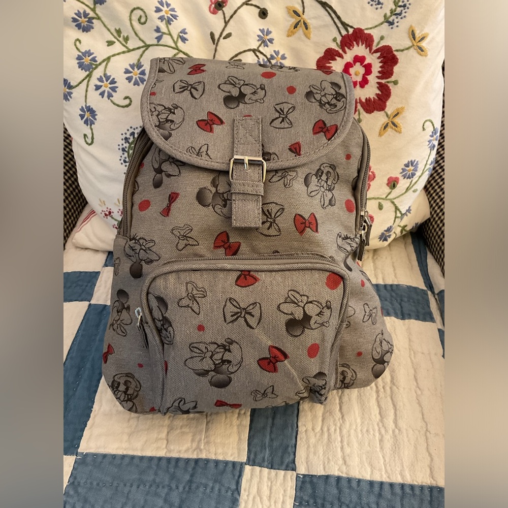 NWT Disney Store Minnie Mouse Gray Sketch Print Backpack Bag Bows Red Dots